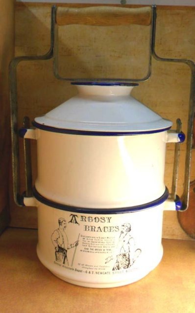 Antique advertising Enamel Lunch Pail miners lunchbox stackable with handle Argocy braces