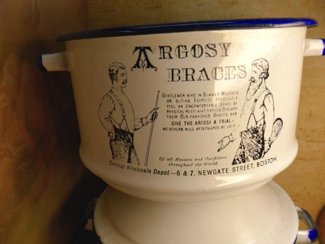 Antique advertising Enamel Lunch Pail miners lunchbox stackable with handle Argocy braces