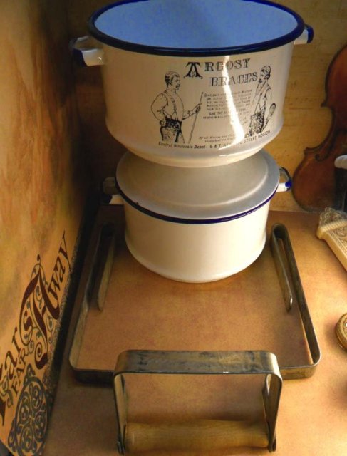 Antique advertising Enamel Lunch Pail miners lunchbox stackable with handle Argocy braces