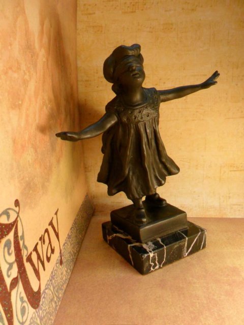 Vintage Bronze Blindfolded child statue G. Ferrari Italian 20th century Guess the Young Child playing hide and seek