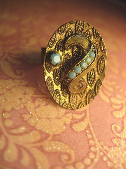 Vintage VIctorian Turquoise and BRass Medieval shield Ring
