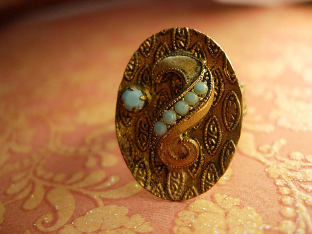 Vintage VIctorian Turquoise and BRass Medieval shield Ring