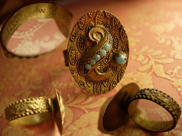 Vintage VIctorian Turquoise and BRass Medieval shield Ring