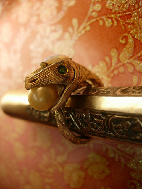 Bizarre Vintage SNake ring with dragons breath and pearl jewels coiled serpent costume ring