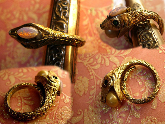 Bizarre Vintage SNake ring with dragons breath and pearl jewels coiled serpent costume ring