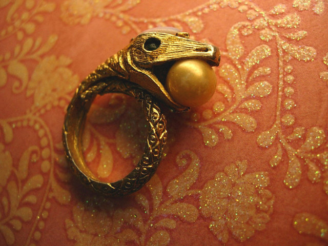 Bizarre Vintage SNake ring with dragons breath and pearl jewels coiled serpent costume ring