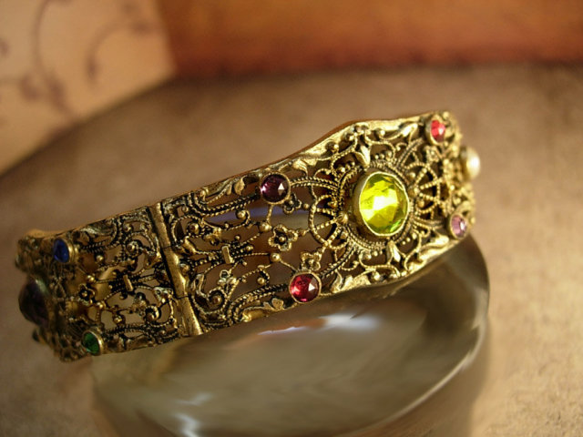ANtique signed Czech jeweled bracelet with intricate filigree bangle late 1800s pre napier