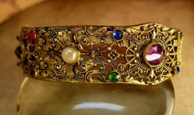 ANtique signed Czech jeweled bracelet with intricate filigree bangle late 1800s pre napier