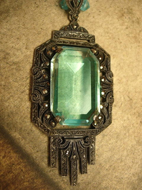 ANtique AustroHungarian sterling aquamarine glass pendant necklace