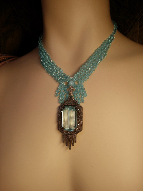 ANtique AustroHungarian sterling aquamarine glass pendant necklace