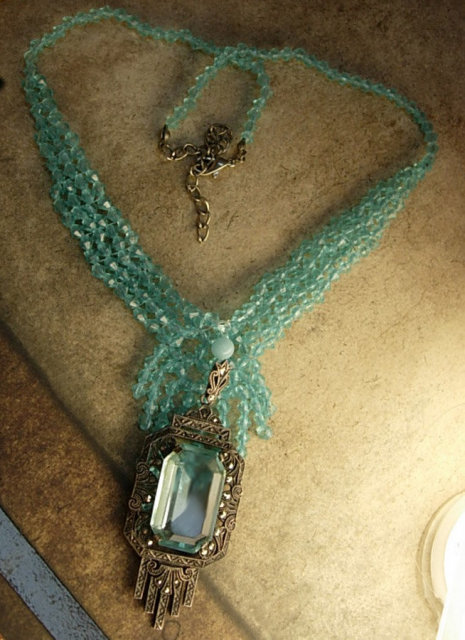 ANtique AustroHungarian sterling aquamarine glass pendant necklace