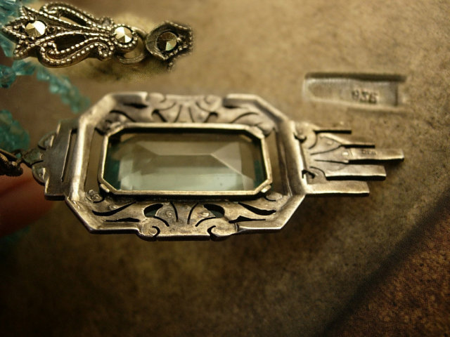 ANtique AustroHungarian sterling aquamarine glass pendant necklace