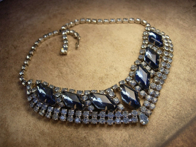 HUge vintage Blue Rhinestone Bib collar necklace