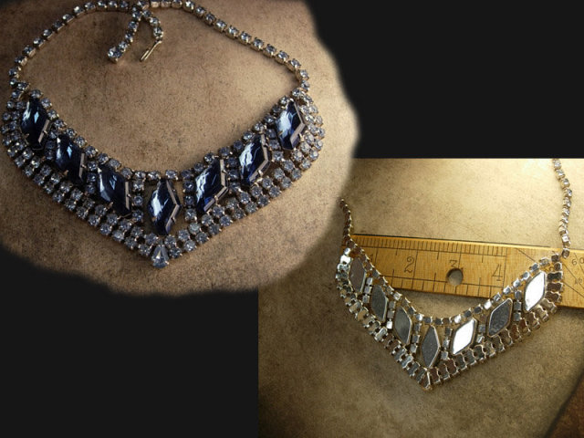 HUge vintage Blue Rhinestone Bib collar necklace