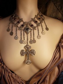 Vintage Gypsy festoon necklace Religious Goth Goddess cross medieval celestial coins