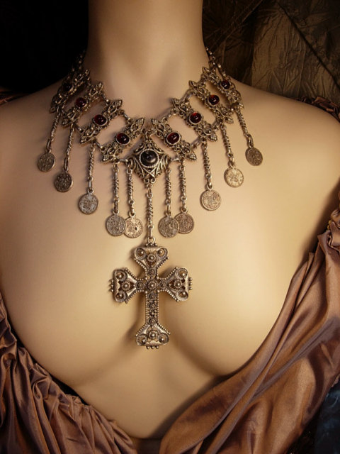 Vintage Gypsy festoon necklace Religious Goth Goddess cross medieval celestial coins