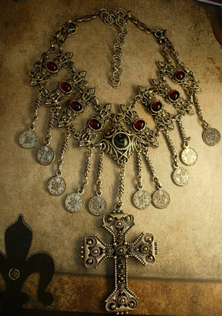 Vintage Gypsy festoon necklace Religious Goth Goddess cross medieval celestial coins
