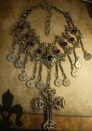 Vintage Gypsy festoon necklace Religious Goth Goddess cross medieval celestial coins