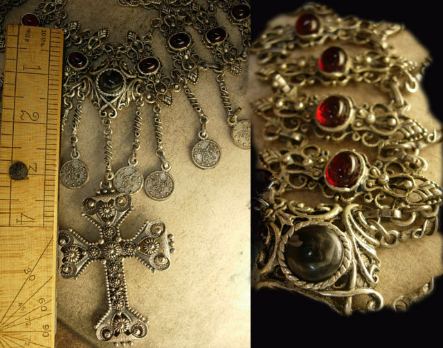 Vintage Gypsy festoon necklace Religious Goth Goddess cross medieval celestial coins