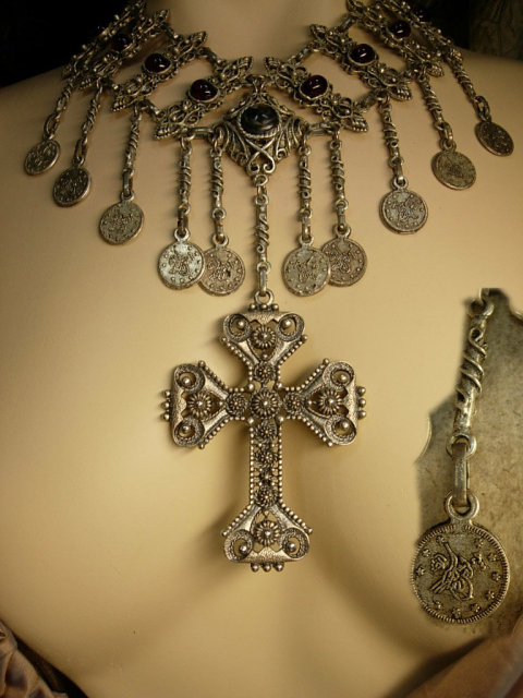 Vintage Gypsy festoon necklace Religious Goth Goddess cross medieval celestial coins