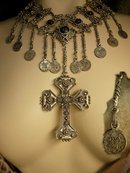 Vintage Gypsy festoon necklace Religious Goth Goddess cross medieval celestial coins