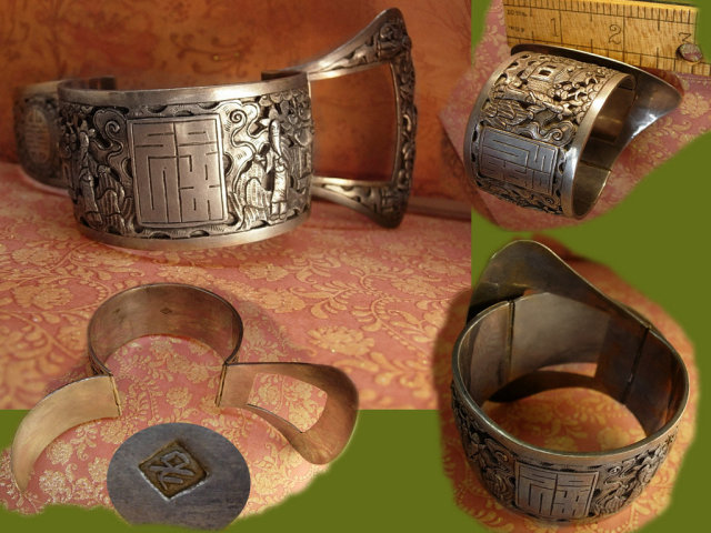 ANtique HUGE sterling buckle bracelet Chinese figures and symbols signed
