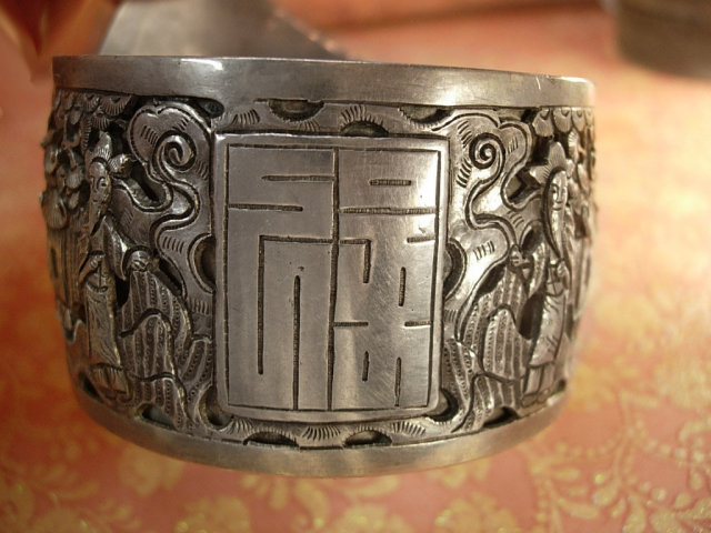 ANtique HUGE sterling buckle bracelet Chinese figures and symbols signed