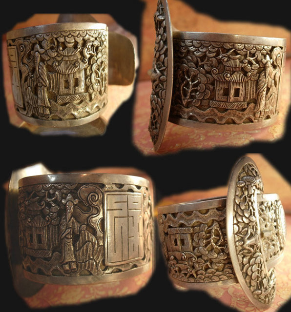 ANtique HUGE sterling buckle bracelet Chinese figures and symbols signed