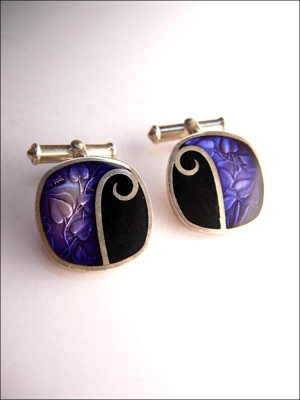 Gorgeous Sterling Enamel Signed Cufflinks Modernist relief