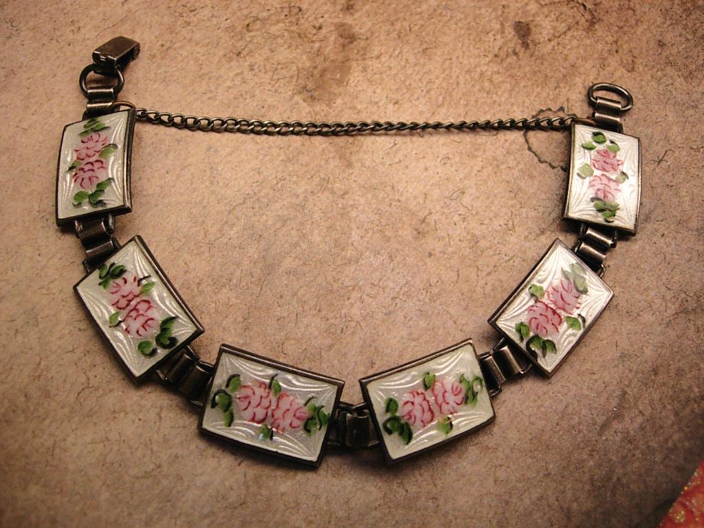 Antique Art Deco sterling Guilloche Enamel Pink Roses bracelet