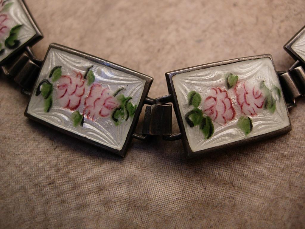 Antique Art Deco sterling Guilloche Enamel Pink Roses bracelet