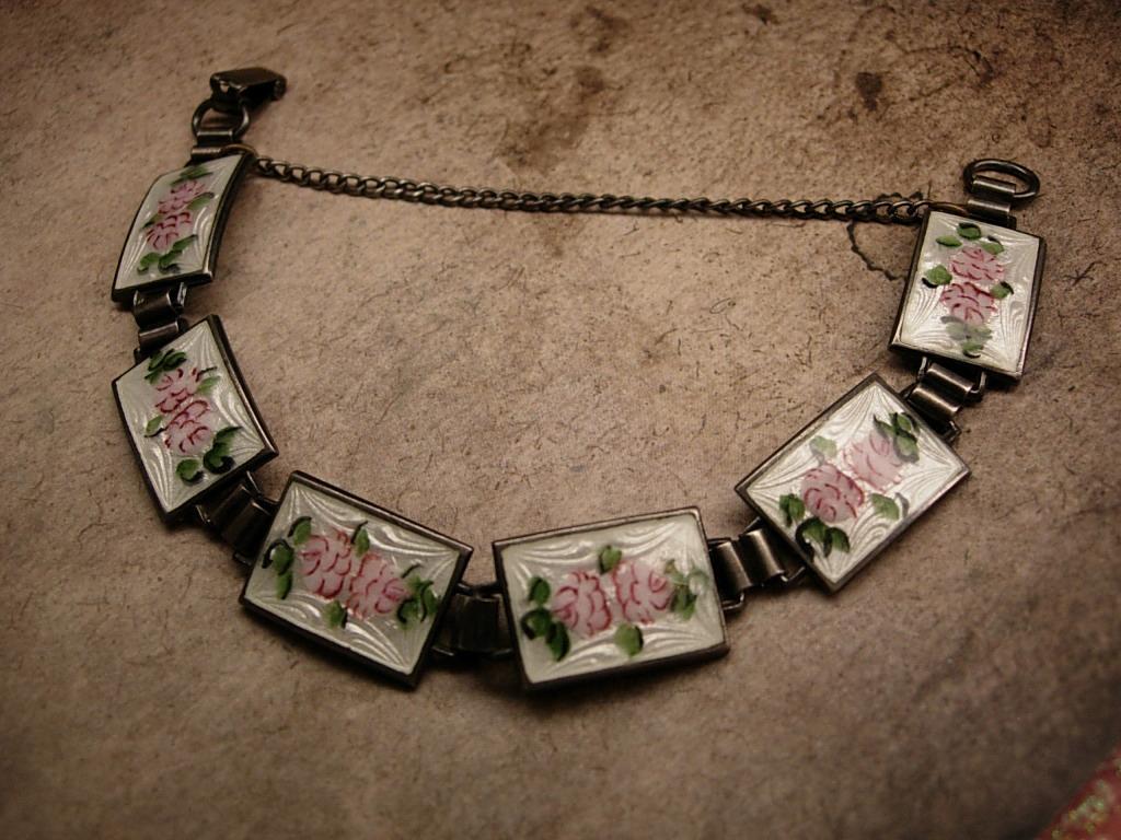Antique Art Deco sterling Guilloche Enamel Pink Roses bracelet