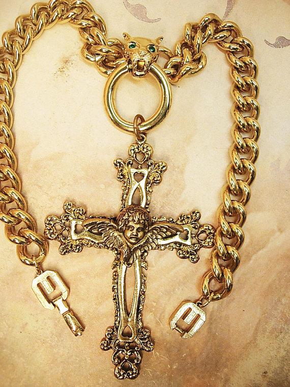 HUGe gothic cross necklace lion head with jeweled eyes
