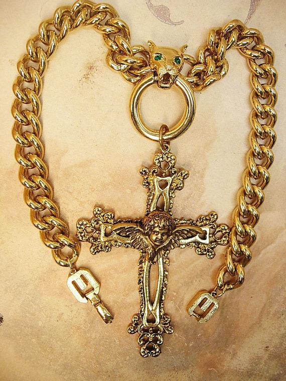 HUGe gothic cross necklace lion head with jeweled eyes