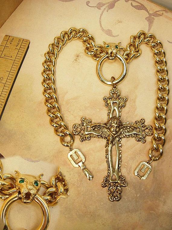 HUGe gothic cross necklace lion head with jeweled eyes