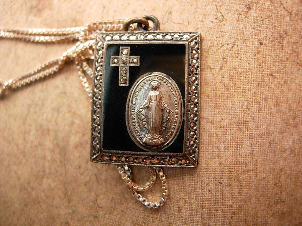 Antique hallmarked Religious miraculous medal sterling necklace and marcasite cross pendant