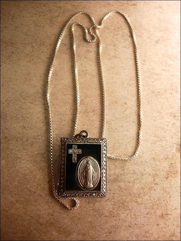 Antique hallmarked Religious miraculous medal sterling necklace and marcasite cross pendant
