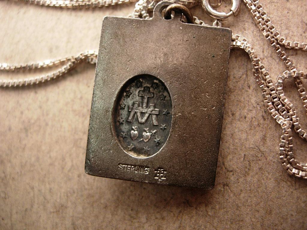 Antique hallmarked Religious miraculous medal sterling necklace and marcasite cross pendant