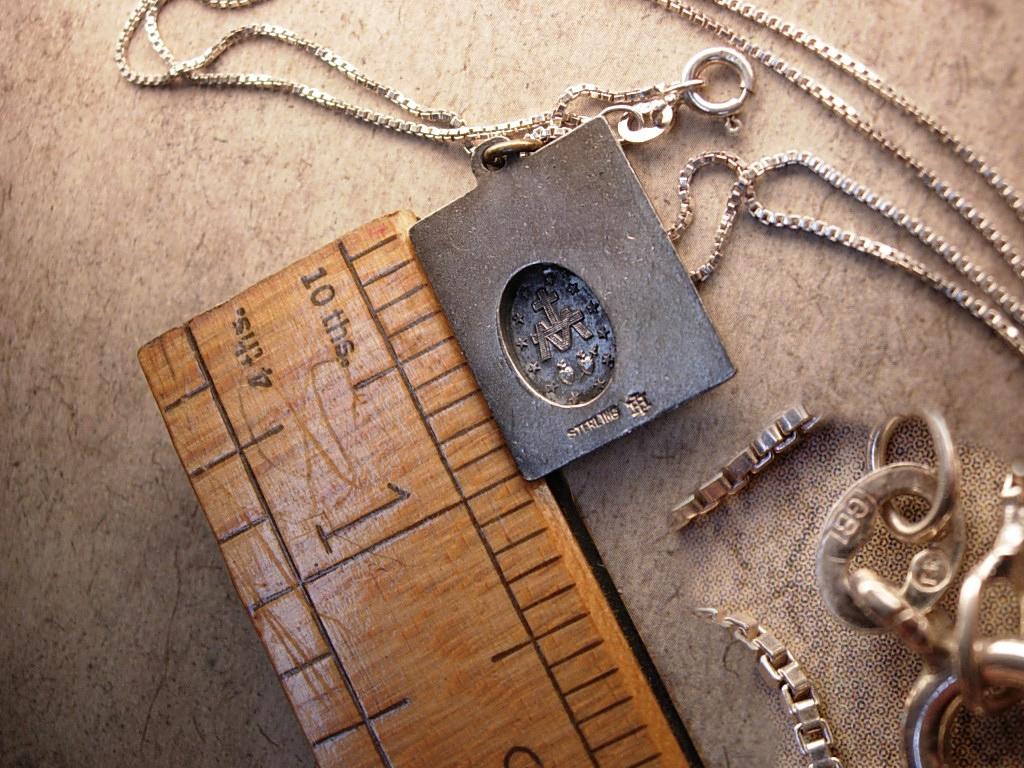 Antique hallmarked Religious miraculous medal sterling necklace and marcasite cross pendant