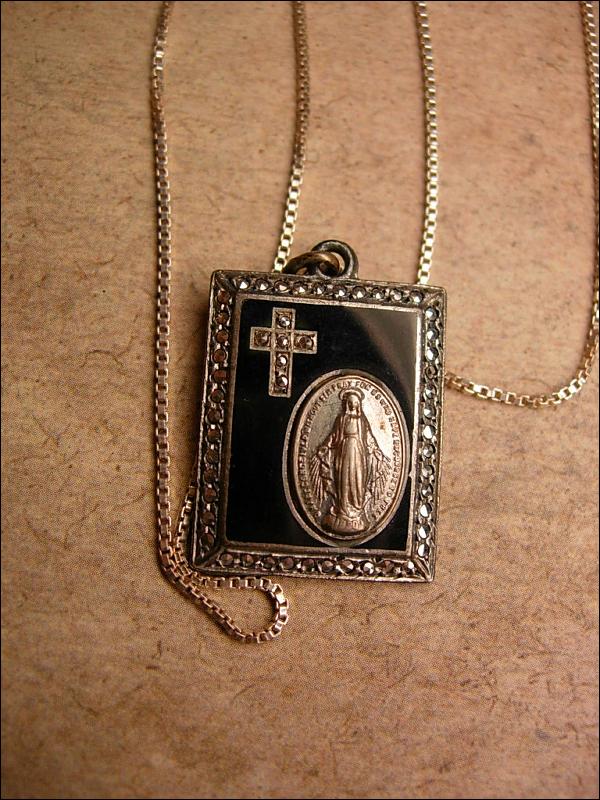 Antique hallmarked Religious miraculous medal sterling necklace and marcasite cross pendant