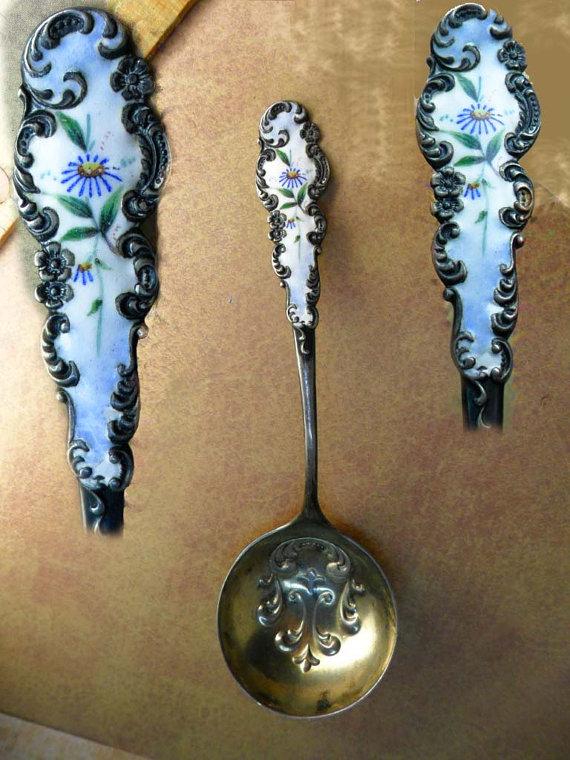 Antique enamel hallmarked silver spoon ladle or nut spoon R. Blackinton & Co