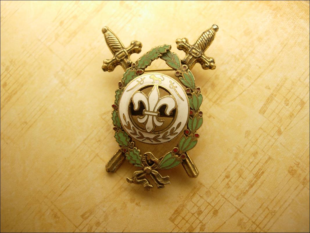 Vintage Enamel Medieval Fleur de lis Crossed swords Brooch
