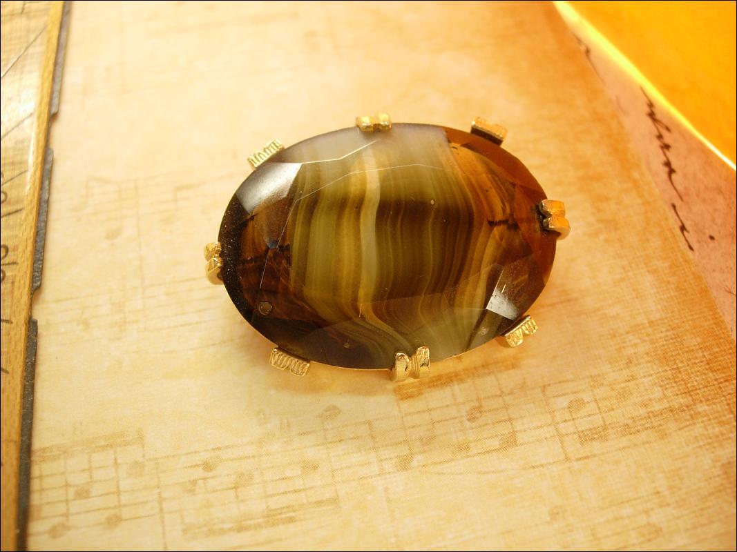 Vintage slag glass brooch brown stripe Glass gold brooch German Brooch