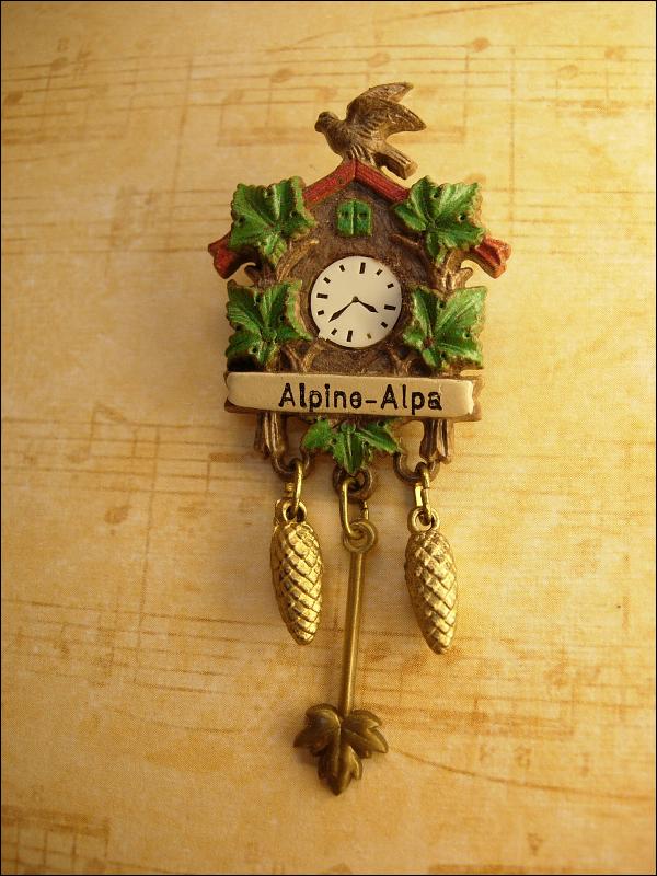 Vintage Signed cuckoo clock Brooch Alpine Alpa
