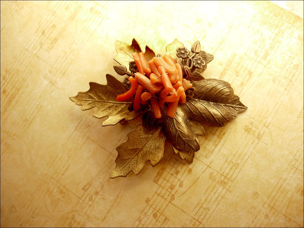 HUGE Vintage Coral Leaf Brooch