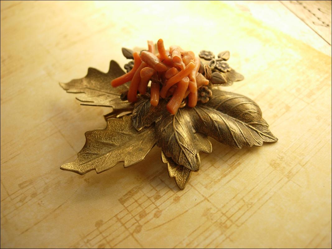 HUGE Vintage Coral Leaf Brooch