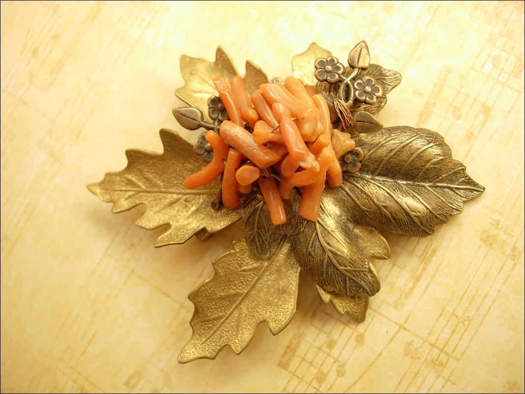 HUGE Vintage Coral Leaf Brooch