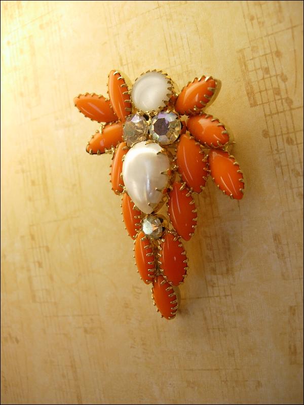 HUGe vintage brooch orange Dramatic Rhinestone and pearl cascading navettes