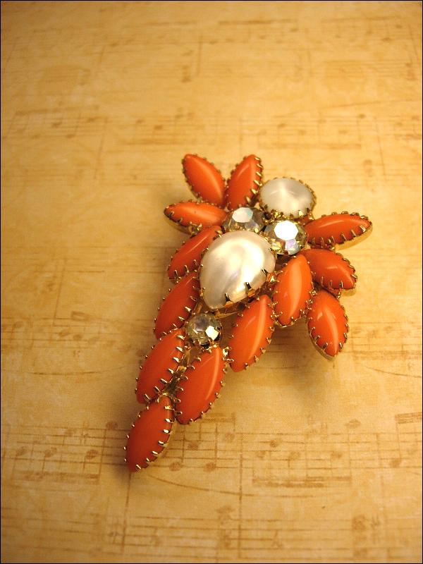 HUGe vintage brooch orange Dramatic Rhinestone and pearl cascading navettes
