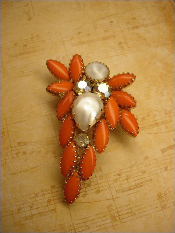 HUGe vintage brooch orange Dramatic Rhinestone and pearl cascading navettes